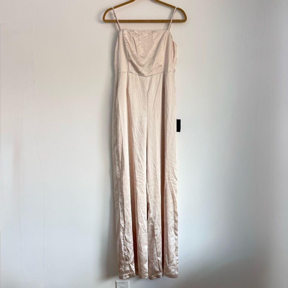 NWT Lulus Stylish Brilliance Champagne Satin Sleeveless Wide-Leg Jumpsuit Large - Picture 5 of 9